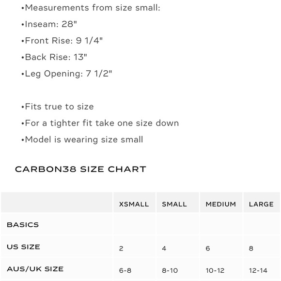 carbon38 size chart